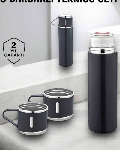 Paslanmaz Çelik 3’lü Termos Seti Vakumlu ve 8 Saat Isı Koruma