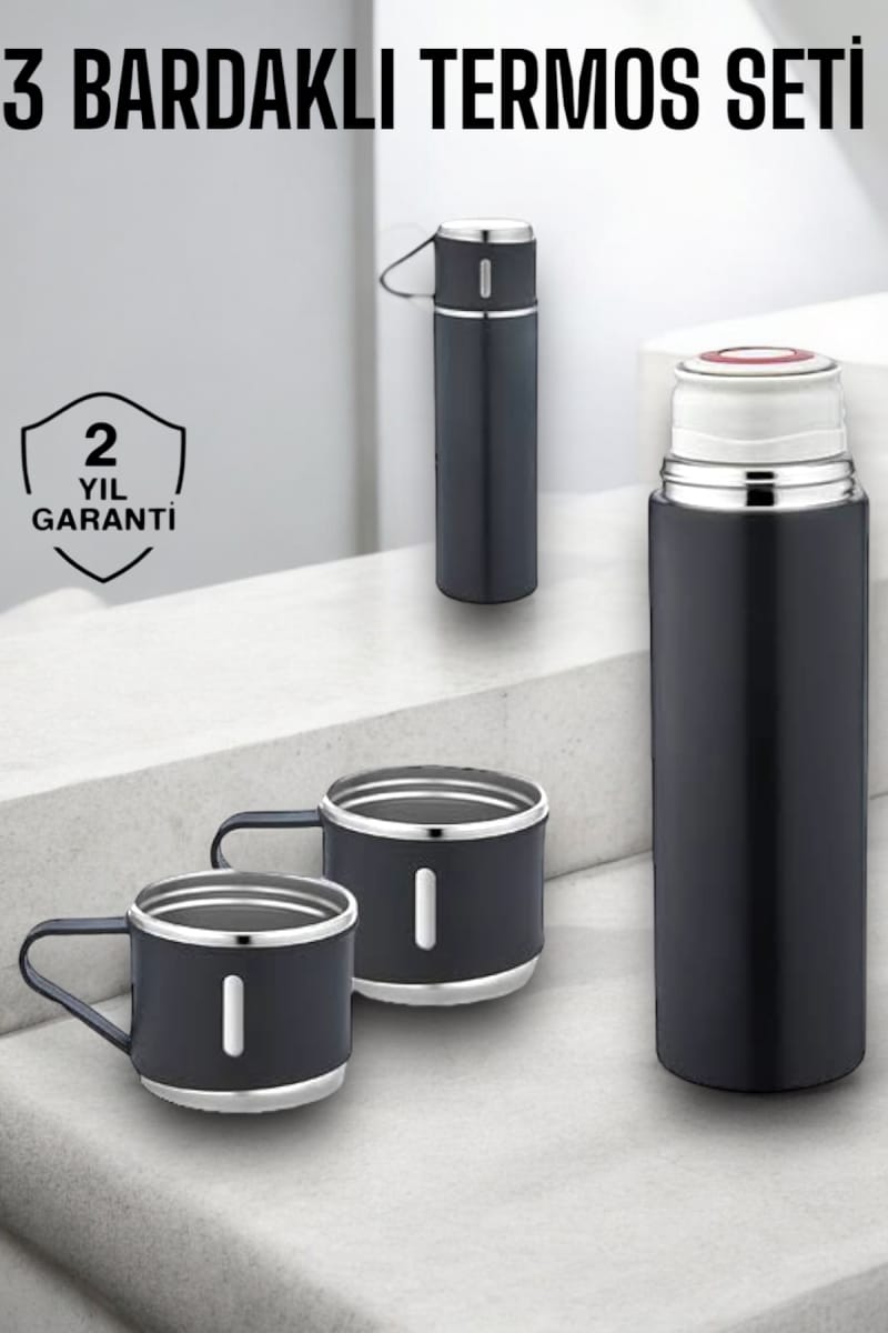 Paslanmaz Çelik 3’lü Termos Seti Vakumlu ve 8 Saat Isı Koruma
