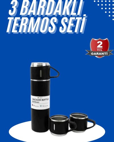 Termos Seti 3'lü Bardak Seti Isı Dayanıklı Siyah Paslanmaz Çelik Vakumlu