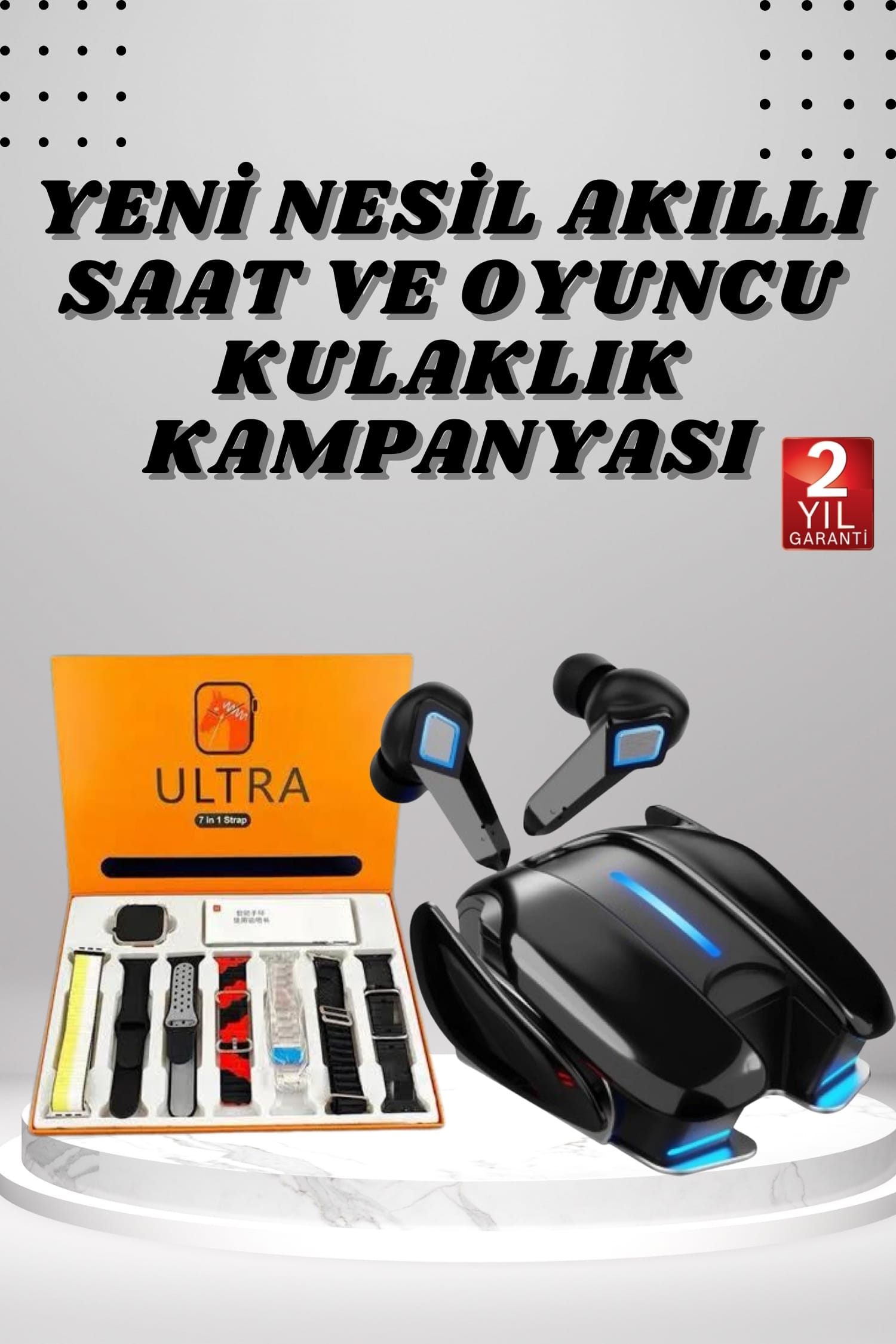 Oyuncu Kulaklığı ve 7 Kordonlu Akıllı Saat Dokunmatik Ekran Sesli Görüşme ANC Özelliği