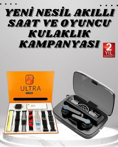 Dijital Göstergeli Powerbank Kulaklık ve 7 Kordonlu Yeni Nesil Akıllı Saat Amoled Ekran