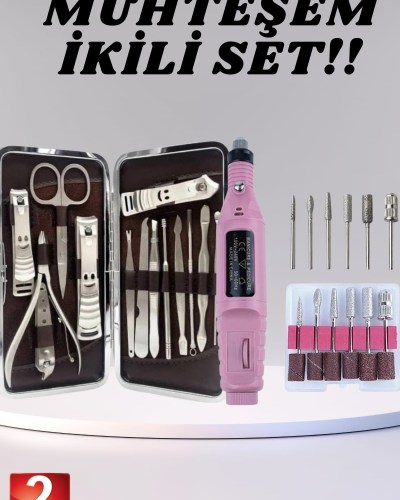 Elektrikli Manikür Pedikür Seti İkili Set 12 Parça Tırnak Bakımı Törpü Protez Çıkarma