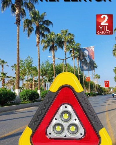 Reflektör Güneş Panelli Solarlı Şarjlı Üçgen Işıklı Trafik Reflektör Fener