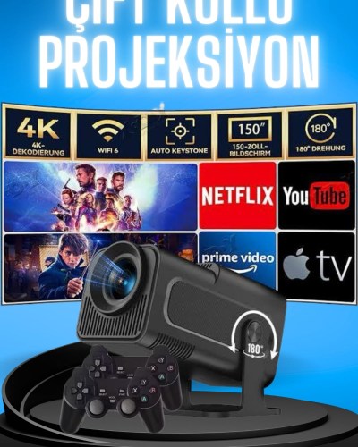 Projektör Siyah Android Taşınabilir Sinema Projeksiyon Wifi Destekli En Güncel Sürüm Akıllı