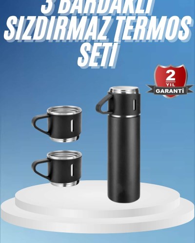 Termos Paslanmaz Çelik Termos Siyah Renk 3 Bardaklı Termos Seti
