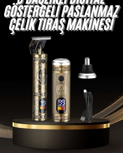 Tıraş Makinesi Pro 3 Başlıklı Dijital Göstergeli Saç Sakal Kulak ve Burun