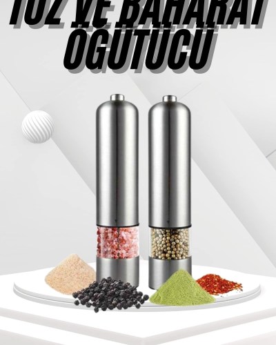 Pilli Tuz Ve Karabiber Öğütücü Baharat Değirmeni Tuzluk Pilli Işıklı Gri