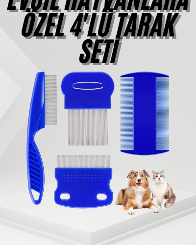 4'lü Bit Pire Tarağı Set Kedi Köpek Evcil Hayvan Tüy Toplayıcı Mavi