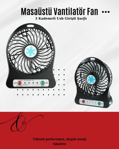 USB Girişli Taşınabilir Masaüstü Mini Fan – 3 Kademeli Hız, Şarjlı, Işıklı, Sessiz Çalışma