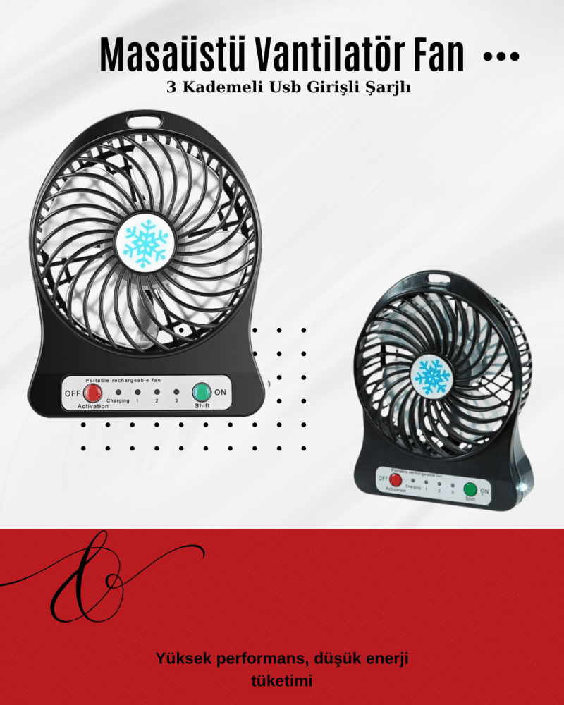 USB Girişli Taşınabilir Masaüstü Mini Fan – 3 Kademeli Hız, Şarjlı, Işıklı, Sessiz Çalışma