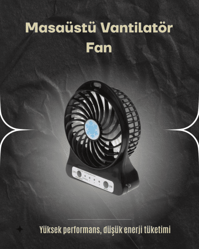 Şarjlı USB Fan – Masaüstü Mini Vantilatör, Taşınabilir, Işıklı, 3 Kademeli, Sessiz