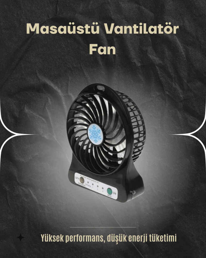 Şarjlı USB Fan – Masaüstü Mini Vantilatör, Taşınabilir, Işıklı, 3 Kademeli, Sessiz