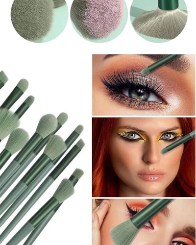 Makyaj Fırça Seti Yeşil 13 Parça Fondöten Fırçası Allık Fırçası Far Fırçası