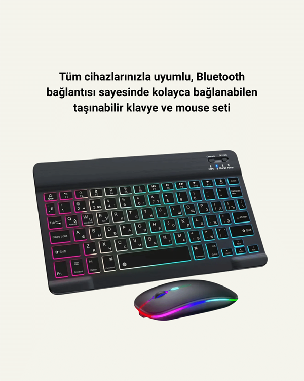 RGB Aydınlatmalı Şarjlı Kablosuz Klavye ve Mouse Seti – Modern ve Kompakt Tasarım