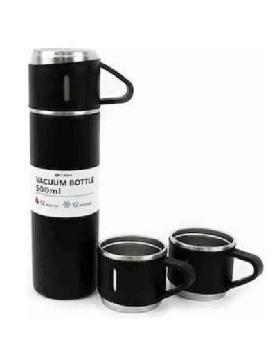 Termos Paslanmaz Çelik Termos Siyah Renk 3 Bardaklı Termos Seti