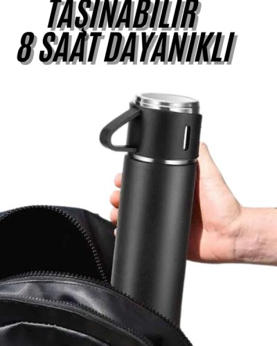 Termos Seti 3'lü Bardak Seti Isı Dayanıklı Siyah Paslanmaz Çelik Vakumlu