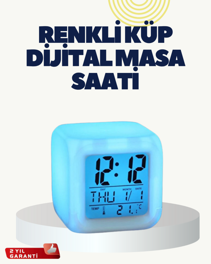 Termometre ve Takvim Özellikli 7 Renk Değiştiren Küp Alarm Saati