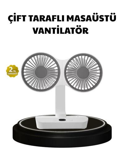 720° Dönebilen Çift Başlıklı USB Şarjlı Masaüstü Vantilatör – Sessiz ve Güçlü Serinlik