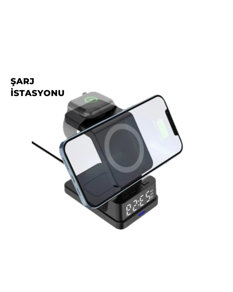 Kablosuz Şarj İstasyonu ve Dijital Saat – Apple Uyumlu, 3 Kademeli Işık Ayarı