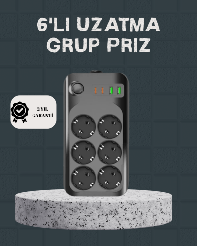 Termal Akım Korumalı 6’lı Uzatma Priz USB Type-C Hızlı Şarj 2500W