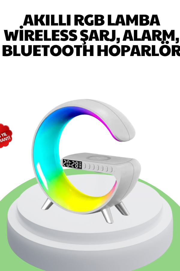 Bluetooth Hoparlörlü RGB Atmosfer Lambası Kablosuz Şarj ve Saat Özellikli