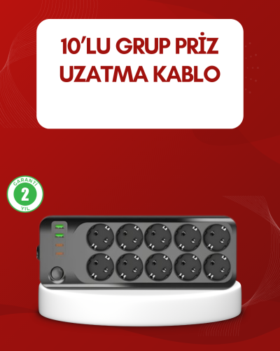 USB Type-C Destekli 10’lu Grup Priz Termal Korumalı 2m Kablo 2500W
