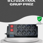 Akım Korumalı 8’li Priz 3 USB’li Uzatma Kablosu Isıya Dayanıklı 2 Metre