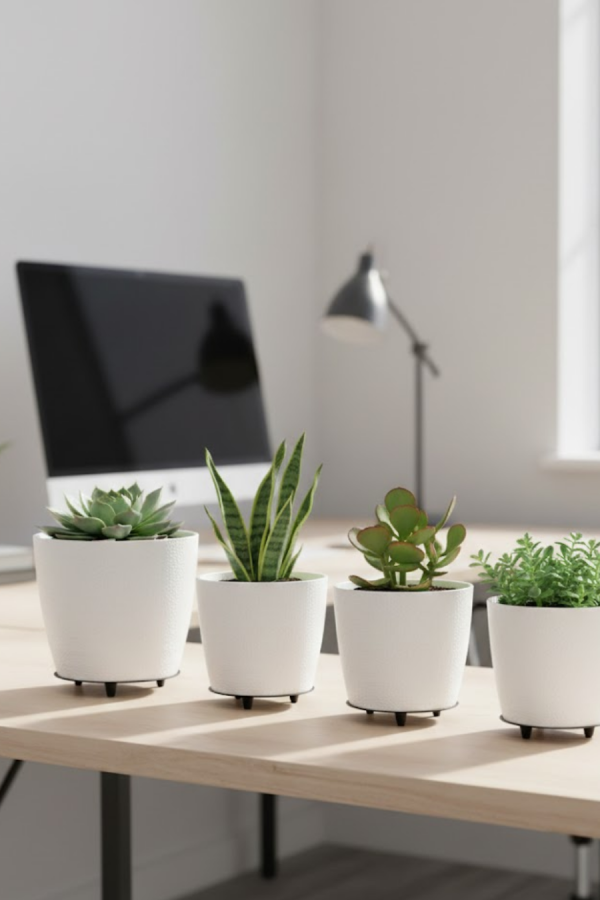 4’lü 3D Beyaz Minimal Dekoratif Vazo Ayaklı Saksı Takımı