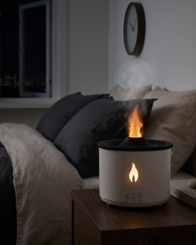 Alev ve Volkan Efektli Ultrasonik Aroma Difüzörü LED Gece Lambalı Hava Nemlendirici