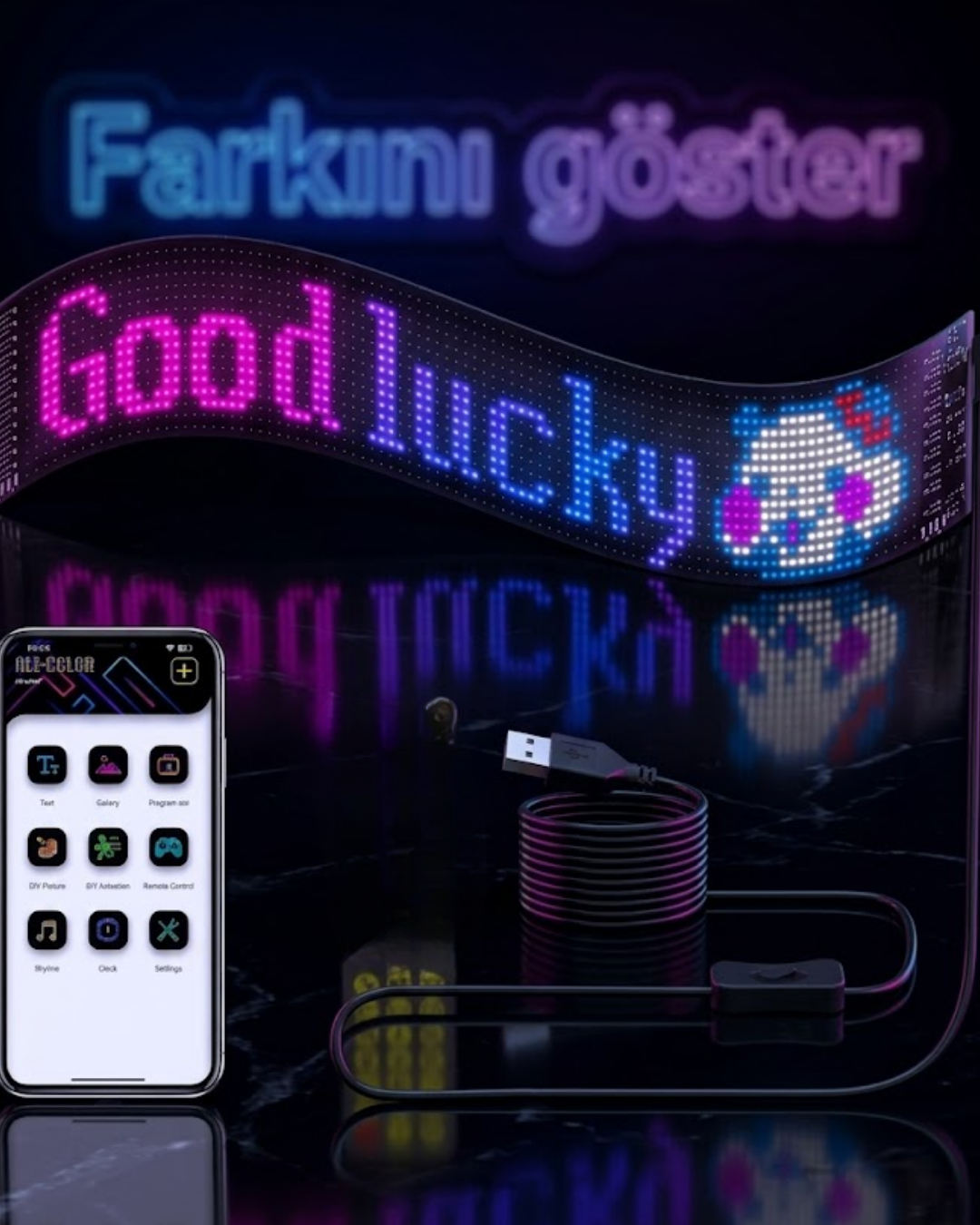 16x96 RGB LED Matrix Panel 60 cm Esnek Yapı Uygulama Kontrollü Kayan Yazı Ekranı