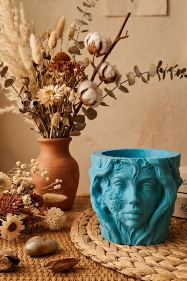 Estetik Kadın Yüzü Heykel Tasarımlı Dekoratif 3D Saksı Vazo