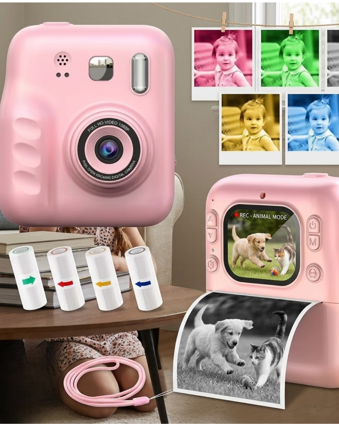 Çocuklar İçin Anında Baskılı Kamera 4 Rulo Kağıt ve 5 Renk Kalem Hediyeli