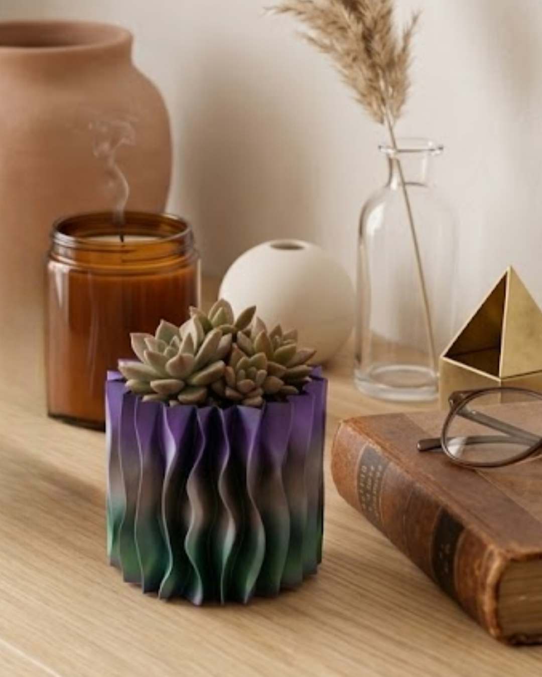 Sanatsal Dalga Desenli Mor 3D Baskı Dekoratif Vazo Ev Dekorasyonu