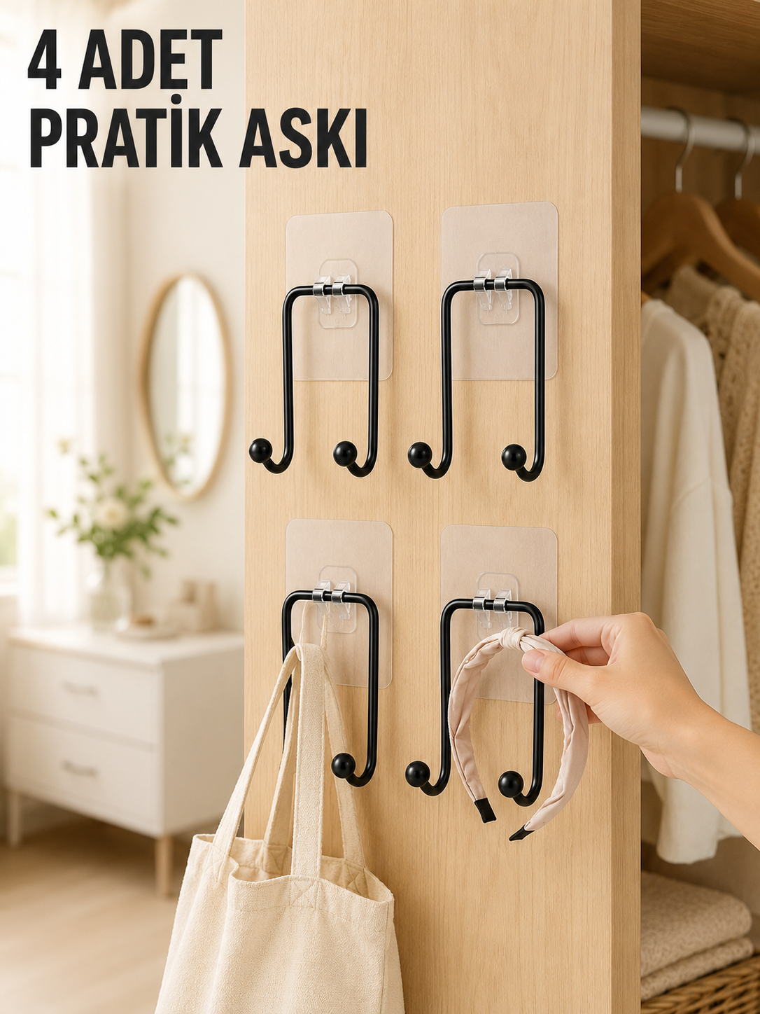 4 Adet Yapışkanlı Duvar Askısı Çok Amaçlı Pratik Askılık Seti
